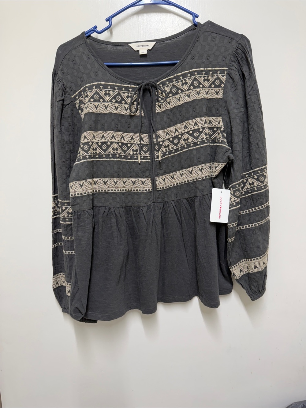 Lucky Brand Charcoal Boho Embroidered Peasant Blouse